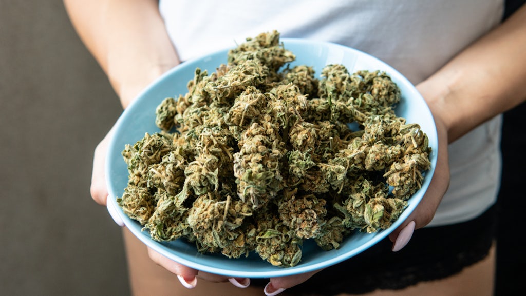 A large amount of cannabis is displayed on a plate