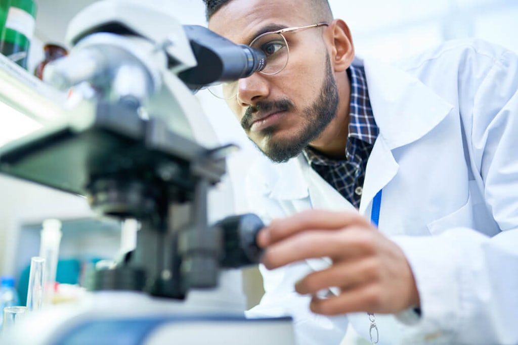 A cannabis researcher in a lab looks through a microscope